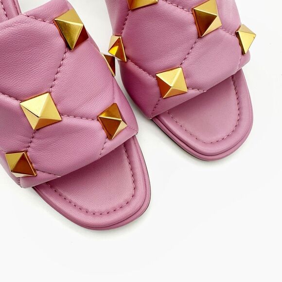 VALENTINO Roman Rockstud Pink Gold Heel Mule Size 37.5 Open Toe Quilted Leather - Picture 6 of 12